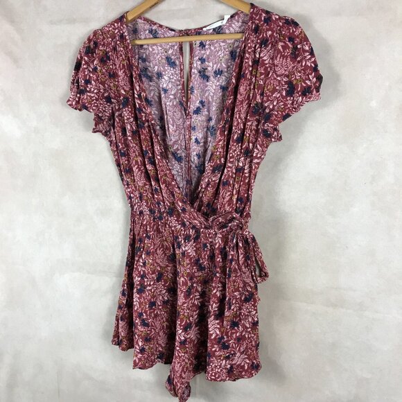 LUSH Burgundy Floral Surplice Summer Romper SMALL - Picture 1 of 7
